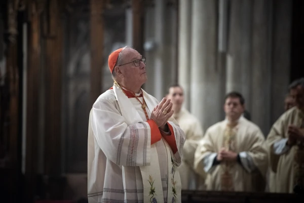 New York archbishop Cardinal Timothy Dolan prepares for Benediction in St. Patrick Cathedral following a Eucharistic procession through the streets of Midtown Manhattan on Oct. 15, 2024. Credit: Jeffrey Bruno