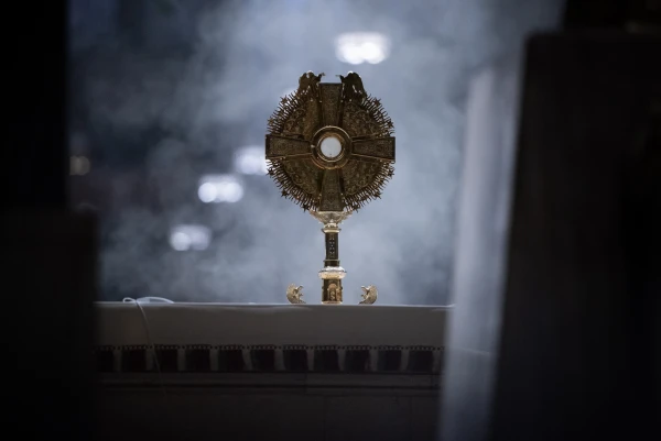 The Eucharist is displayed in a monstrance in St. Patrick Cathedral in New York City before a Eucharistic procession on Oct. 15, 2024. Credit: Jeffrey Bruno