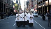 A Eucharisitic procession sponsored by the Napa Institute heads through the streets of New York City on Oct. 15, 2024.