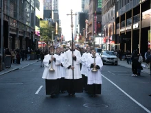 A Eucharisitic procession sponsored by the Napa Institute heads through the streets of New York City on Oct. 15, 2024.