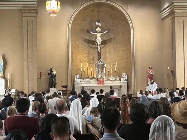 Participants in the National Eucharistic Pilgrimage kneel in adoration at Assumption Catholic Church in Nashville, Tennessee, on Friday, June 28, 2024. Credit: Tyler Arnold/CNA