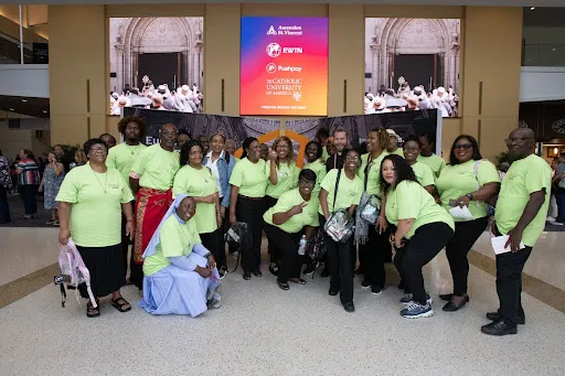 Members of the National Association of African Catholics in the United States pose for a group photo on July 17, 2024, at the National Eucharistic Congress in Indianapolis. The group performed praise and worship songs from East and West Africa during the event. Credit: Jeffrey Bruno/EWTN