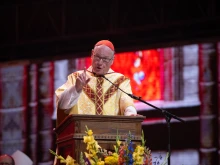 Cardinal Timothy Dolan of New York addresses the audience at the National Eucharistic Congress at Lucas Oil Stadium in Indianapolis on July 18, 2024.