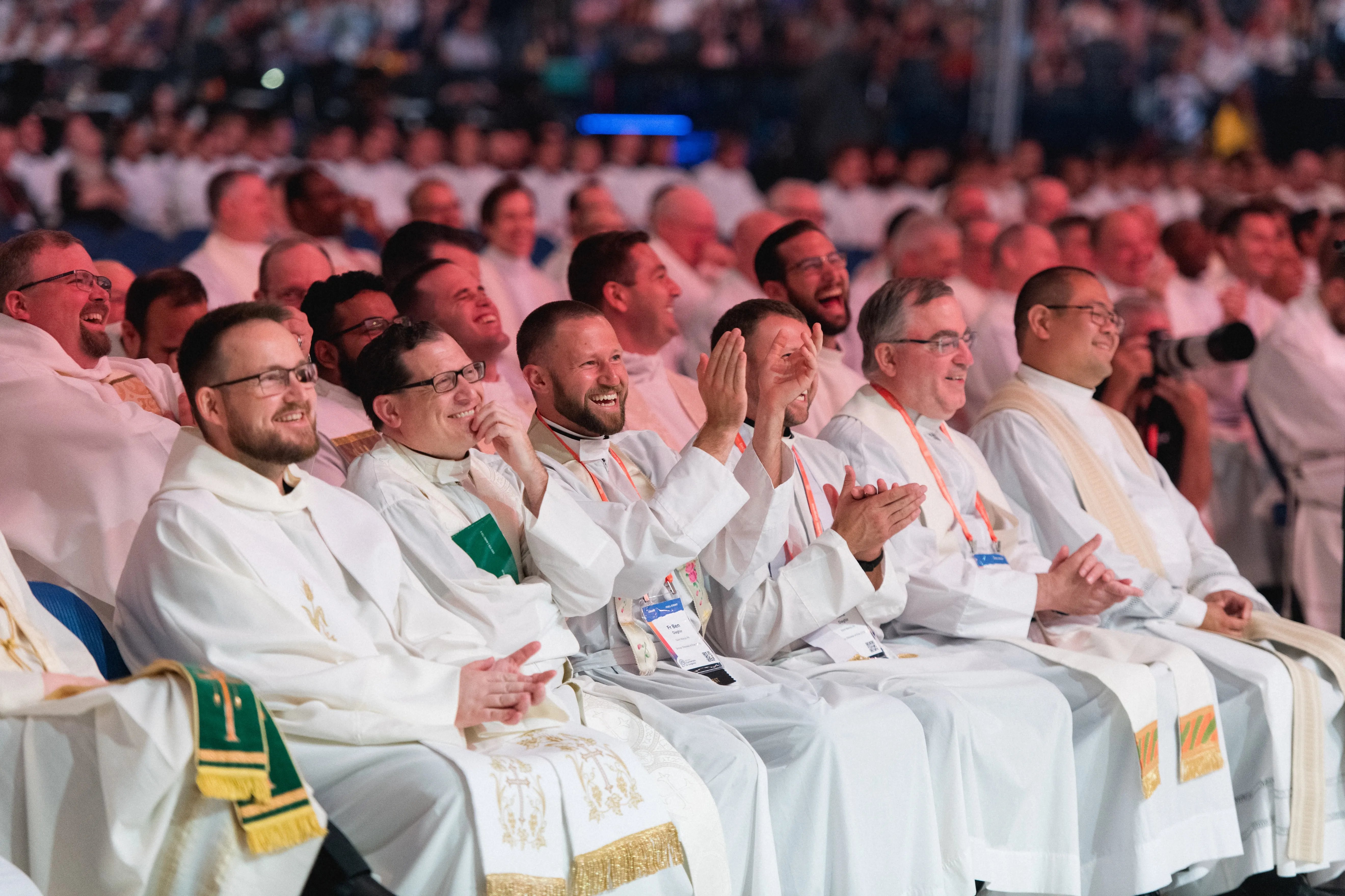 Priests respond to a talk at the National Eucharistic Congress in Indianapolis on July 18, 2024.?w=200&h=150