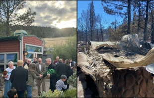 The Holy Spirit Catholic Mission in Washoe Valley, Nevada, before (left) and after a rampant wildfire destroyed the church on Saturday, Sept. 7, 2024. Credit: Vincent Toomey