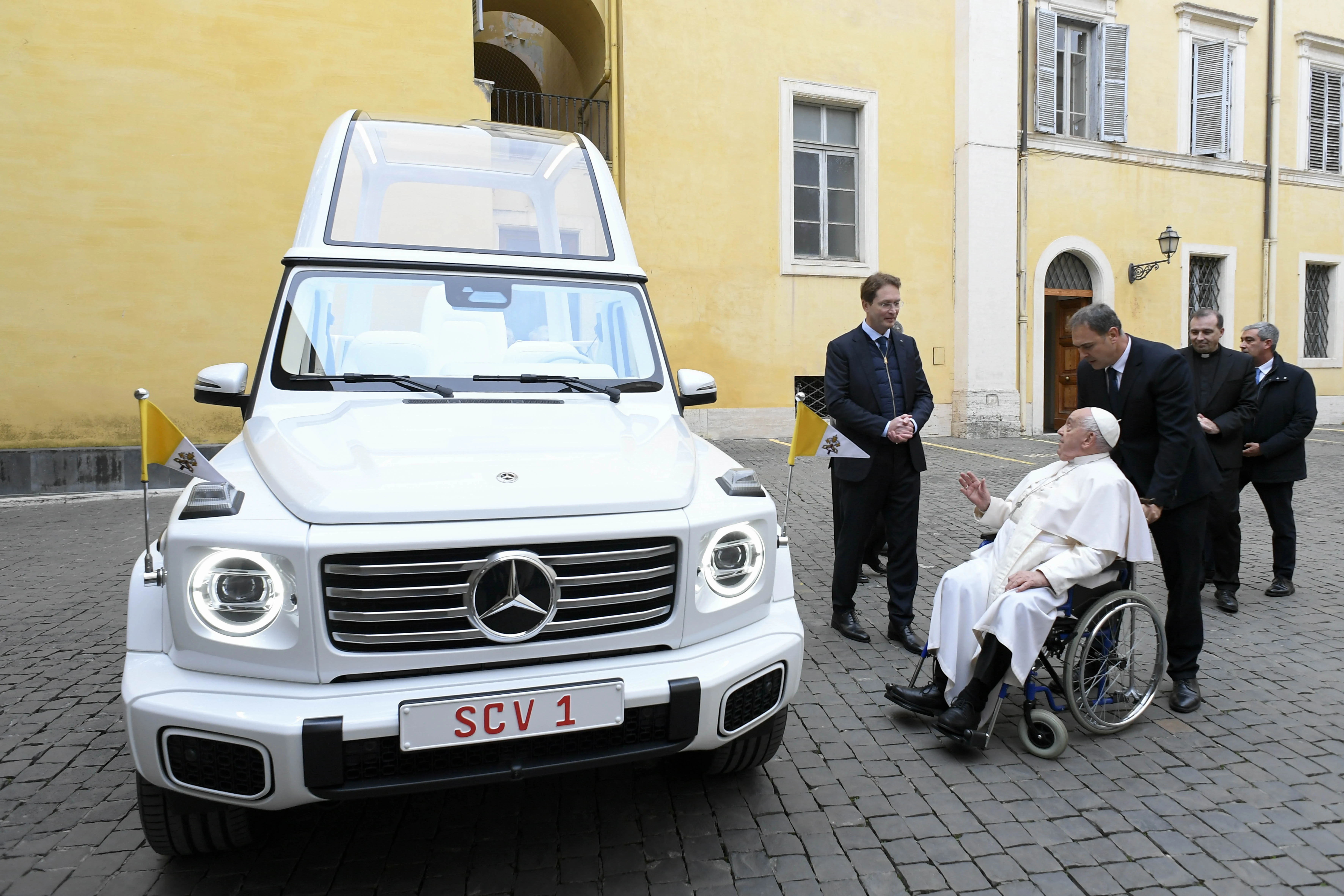 Pope Francis is shown the new popemobile, an electric Mercedes, on Dec. 4, 2024, at the Vatican.?w=200&h=150