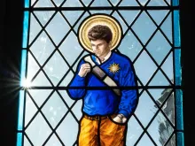 Stained-glass window of Blessed Carlo Acutis at St. Aldhelm’s in Malmesbury, England.