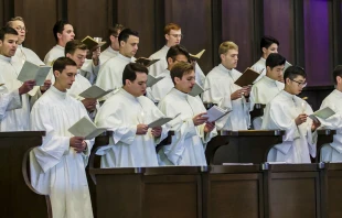 The choir sings during Candelmas at the Norbertine Fathers of St. Michael’s Abbey in Orange, Calif. Photo courtesy of the Diocese of Springfield in Illinios.