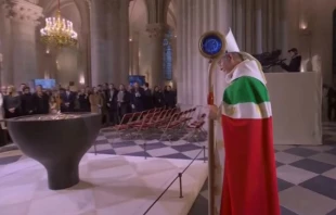 Archbishop Laurent Ulrich presides at the first Mass in the reopened Cathedral of Notre Dame on Dec. 8, 2024. Credit: EWTN/Screenshot