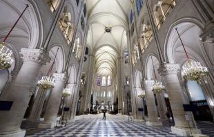 The nave of Notre-Dame de Paris Cathedral on Nov. 29, 2024. The cathedral is set to reopen with a planned weekend of ceremonies on Dec. 7–8, 2024, five years after the 2019 fire that ravaged the world heritage landmark and toppled its spire. Credit: STEPHANE DE SAKUTIN/POOL/AFP via Getty Images