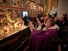 Archpriest of Notre-Dame de Paris Cathedral Monsignor Olivier Ribadeau Dumas blesses a Nativity scene in the recently reopened cathedral on Dec. 20, 2024, in Paris.