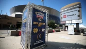 A sign for the Allstate Sugar Bowl between Georgia and Notre Dame is seen outside the Louisiana Superdome after at least 15 people were killed on Bourbon Street in a terror attack in the early morning hours of Jan. 1, 2025, in New Orleans. The game was postponed and rescheduled for Thursday, Jan. 2.