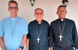 The bishop of Santa Clara, Arturo González Amador (center) was elected as the new president of the Conference of Catholic Bishops of Cuba. He is accompanied in the photo by the conference's vice president, Matanzas Bishop Juan Gabriel Díaz Ruiz (left) and the conference's new secretary general, Auxiliary Bishop of Havana Eloy Ricardo Domínguez Martínez (right). Credit: Courtesy of Conference of Catholic Bishops of Cuba