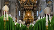 Bishops process into St. Peter's Basilica for the closing Mass of the first assembly of the Synod on Synodality on Oct. 29, 2023.