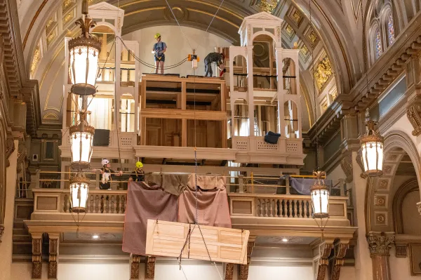 Workers install the new gallery organ at the Cathedral of the Sacred Heart in Richmond, Virginia, May 2024. Credit: Michael Mickle