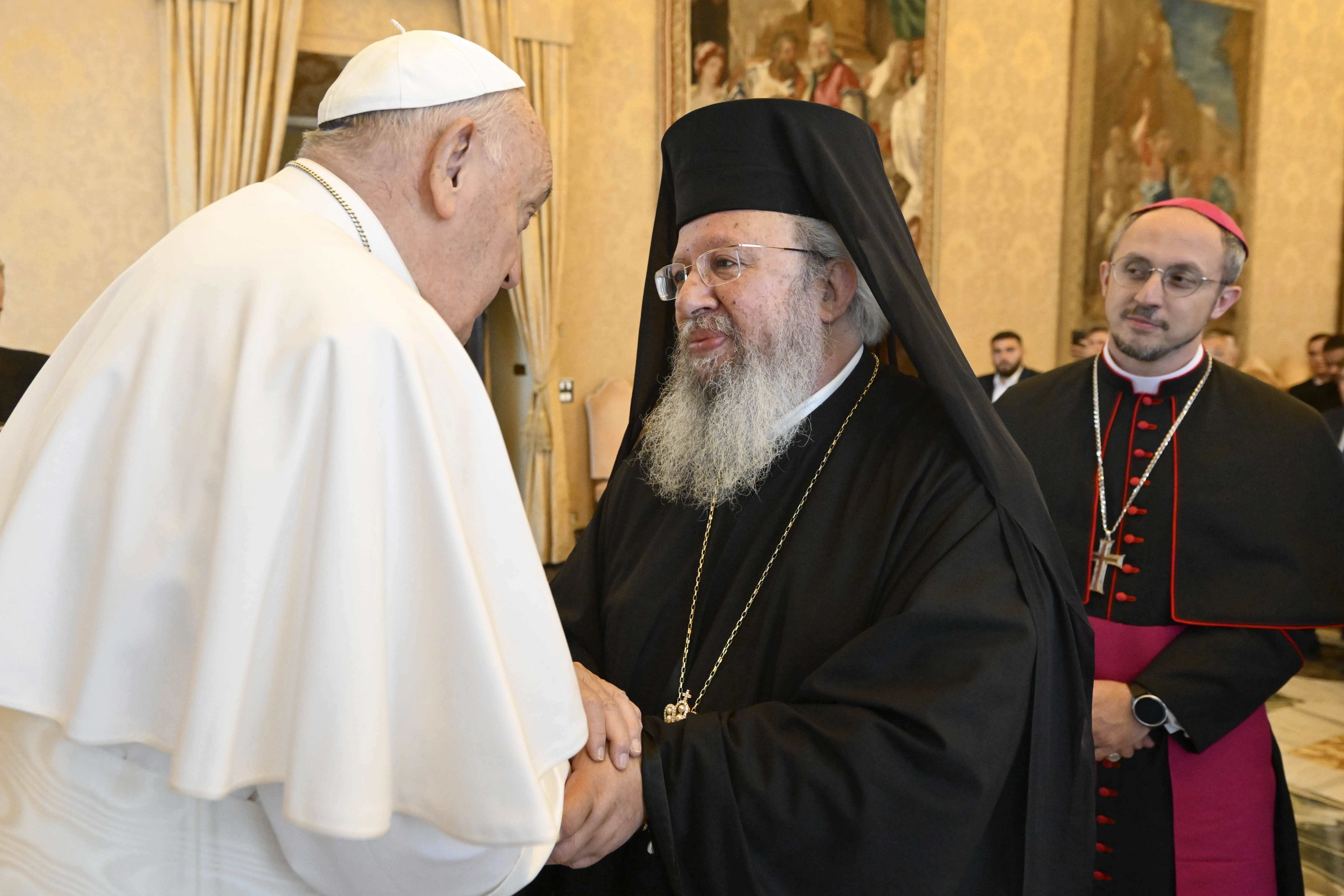 Pope Francis converses with Metropolitan Agathangelos, director general of the Apostolikí Diakonía of the Greek Orthodox Church, at the Vatican on May 16, 2024.?w=200&h=150