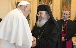 Pope Francis converses with Metropolitan Agathangelos, director general of the Apostolikí Diakonía of the Greek Orthodox Church, at the Vatican on May 16, 2024. Credit: Vatican Media