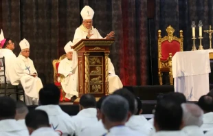 Archbishop of Santo Domingo Francisco Ozoria delivering his homily Tuesday at the International Eucharistic Congress in Quito, Ecuador. Credit: Eduardo Berdejo