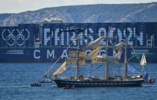 The French 19th-century three-masted barque Belem is seen from the Palais du Pharo in the southern port city of Marseille on May 8, 2024, before the Olympic Flame arrival ceremony, ahead of the Paris 2024 Olympic and Paralympic Games. The Belem is set to reach Marseille on May 8 and ten thousand torchbearers will then carry the flame across 64 French territories. Credit: SYLVAIN THOMAS/AFP via Getty Images