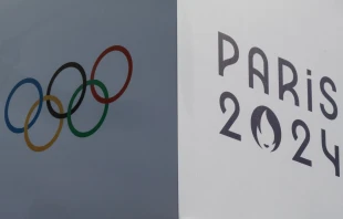 A banner bears the signs of the 2024 Paris Olympic Games and the Olympic Rings at the Trocadero in Paris on July 14, 2024. Credit: STEFANO RELLANDINI/AFP via Getty Images