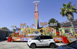 Pope Francis traveled to Ostia, a seaside town not far from Rome, on July 31, 2024, to greet Sister Geneviève Jeanningros and the employees of the Summer Park Festival at Luna Park. Credit: Vatican Media