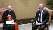 Vatican Secretary of State Cardinal Pietro Parolin meets with Cuba President Miguel Díaz-Canel on June 20, 2023, at the Vatican.