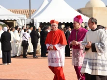 Cardinal Secretary of State Pietro Parolin arrives prior to a Mass for the consecration of the church at the site of Jesus’ baptism on Jan. 10, 2025, in Al-Maghtas, Jordan. Pope Francis appointed Parolin as papal legate to consecrate the Church of the Baptism of Jesus at Al-Maghtas, also known as “Bethany Beyond the Jordan.” Parolin met with 14 Middle East pontifical representatives in Jordan on Jan. 13, 2025, to discuss challenges in the region including ongoing hostilities there.