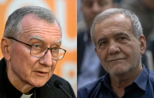 Vatican Secretary of State Cardinal Pietro Parolin (left) and Iran President Masoud Pezeshkian. Credit: Horacio Villalobos#Corbis/Getty Images; Majid Saeedi/Getty Images