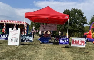 Local Republicans operate a booth at the New Britain Township Veterans Committee Fall Festival and Car Show in Bucks County, Pennsylvania, on Sept. 21, 2024. Credit: Tyler Arnold/CNA