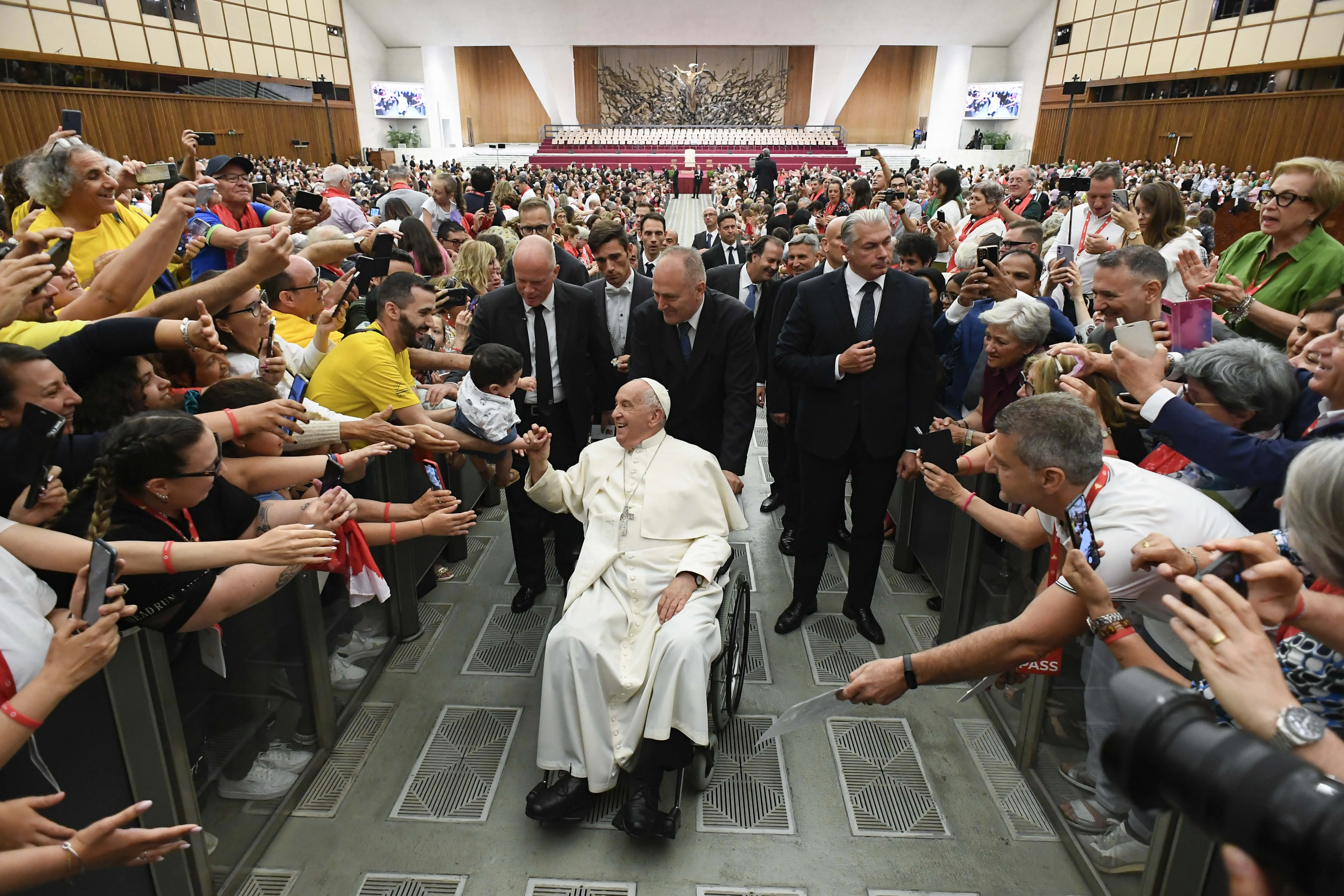 Pope Francis greets participants in a gathering of choir singers, musicians, and directors at Paul VI Hall at the Vatican on June 8, 2024.?w=200&h=150