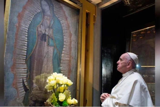 Pope Francis prays before an image of Our Lady of Guadalupe.?w=200&h=150