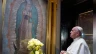 Pope Francis prays before an image of Our Lady of Guadalupe.