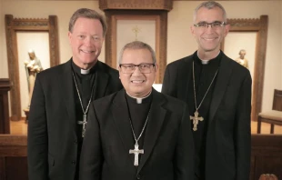 Philadelphia Auxiliary Bishops-elect Keith Chylinski (left), Efren Esmilla, and Christopher Cooke. Credit: Sarah Webb/Archdiocese of Philadelphia