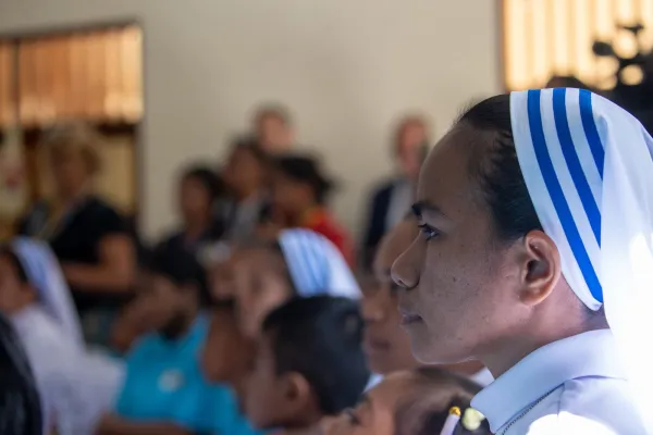 A crowd listens to Pope Francis at the Irmas Alma School in Timor-Leste on Tuesday, Sept. 10, 2024. Credit: Daniel Ibáñez/CNA