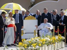 Pope Francis during Mass at the Esplanade of Taci Tolu in Dili, Timor-Leste, Tuesday, Sept. 10, 2024.