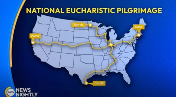 The National Eucharistic Pilgrimage is accompanying Jesus from city to city, lighting hearts on fire along the way. Credit: EWTN News Nightly/Screenshot