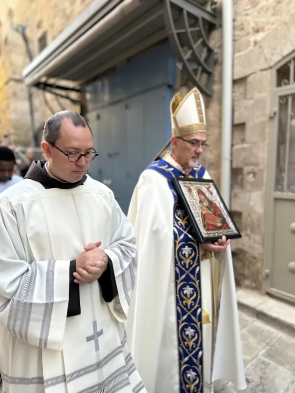 Cardinal Pierbattista Pizzaballa, Latin patriarch of Jerusalem, walks with an icon of Our Lady of Palestine as he takes part in a Marian procession on May 31, 2024, near the Church of the Holy Sepulcher in the Old City of Jerusalem. Credit: Rafi Ghattas