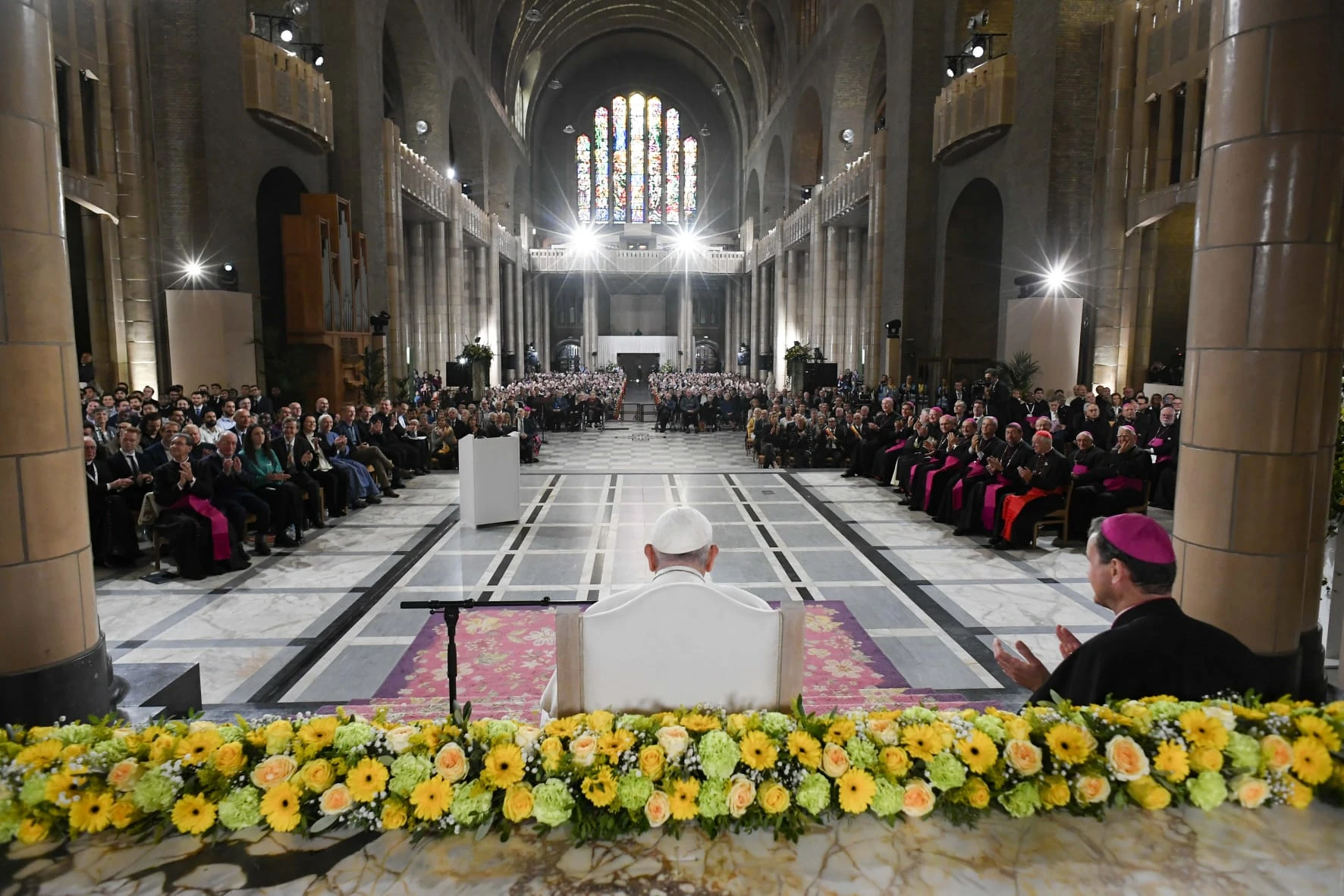 Addressing more than 2,500 priests, deacons, religious sisters, seminarians, catechists, and bishops gathered inside the National Basilica of the Sacred Heart in Brussels on Sept. 28, 2024, Pope Francis emphasized the urgency of evangelization in Europe.?w=200&h=150