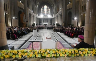 Addressing more than 2,500 priests, deacons, religious sisters, seminarians, catechists, and bishops gathered inside the National Basilica of the Sacred Heart in Brussels on Sept. 28, 2024, Pope Francis emphasized the urgency of evangelization in Europe. Credit: Daniel Ibáñez/CNA