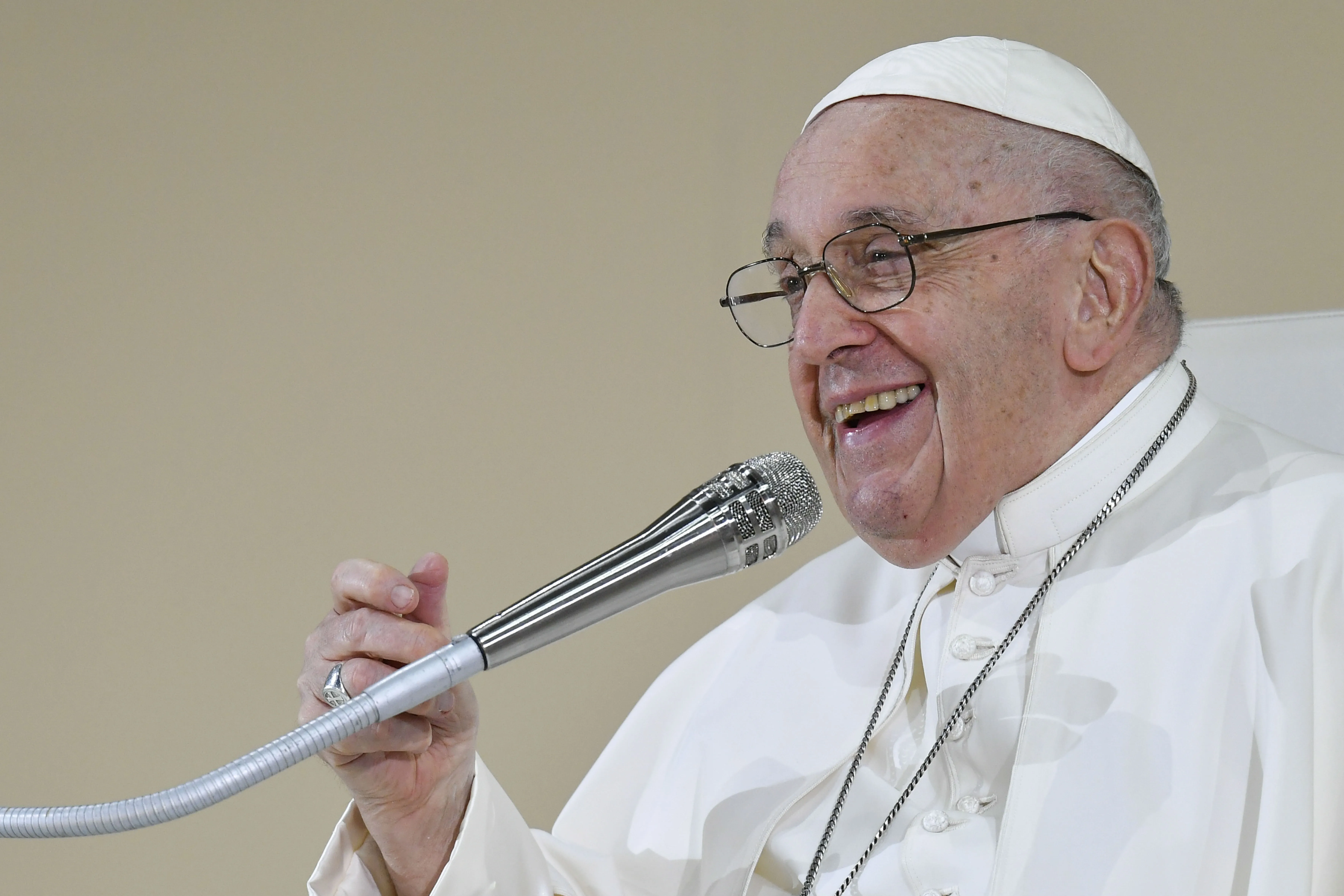 Pope Francis smiles while addressing pilgrims at a vigil gathering on Aug. 5, 2023, at World Youth Day in Lisbon, Portugal.?w=200&h=150