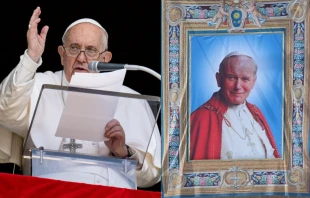 Pope Francis at the Regina Caeli on April 16, 2023 (L) and a tapestry of St. Pope John Paul II from his canonization on April 27, 2014 (R). Vatican Media (L) and Lauren Cater/CNA (R)