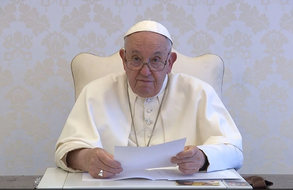 Pope Francis delivers a video message to participants in the 53rd International Eucharistic Congress, taking place in Quito, Ecuador, Sept. 8-15, 2024. The Eucharist teaches us how to have, the pope said in his message recorded at the Vatican, "a profound brotherhood, born of union with God..."?w=200&h=150