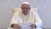 Pope Francis delivers a video message to participants in the 53rd International Eucharistic Congress, taking place in Quito, Ecuador, Sept. 8-15, 2024. The Eucharist teaches us how to have, the pope said in his message recorded at the Vatican, "a profound brotherhood, born of union with God..."