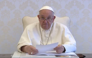 Pope Francis delivers a video message to participants in the 53rd International Eucharistic Congress, taking place in Quito, Ecuador, Sept. 8-15, 2024. The Eucharist teaches us how to have, the pope said in his message recorded at the Vatican, "a profound brotherhood, born of union with God..." Credit: screenshot of video from Holy See Press Office