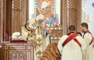 Coptic Orthodox Pope Tawadros II holds the Christmas Eve Mass at the Nativity of Christ Cathedral in Egypt's administrative capital, on Jan. 6, 2023, in Cairo, Egypt. Islam Safwat/Getty Images