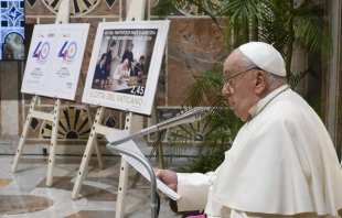 Nov. 25 marked the 40th anniversary of the Treaty of Peace and Friendship between Argentina and Chile, a treaty that was mediated by Pope St. John Paul II. Pope Francis is shown here speaking at the event. Credit: Vatican Media