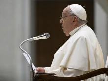 Pope Francis speaks to pilgrims gathered in the Paul VI Audience Hall for his general audience on Wednesday, Dec. 11, 2024, at the Vatican.