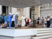 Pope Francis prays with altar servers gathered in St. Peter’s Square for the 13th International Pilgrimage of Altar Servers taking place from July 29 to Aug. 2, 2024.