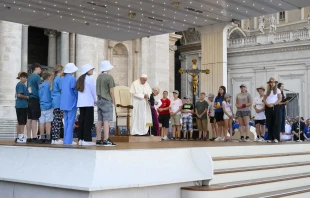 Pope Francis prays with altar servers gathered in St. Peter’s Square for the 13th International Pilgrimage of Altar Servers taking place from July 29 to Aug. 2, 2024. Credit: Vatican Media