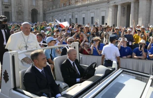 Pope Francis greets tens of thousands of altar servers packed in St. Peter’s Square for a special audience on July 30, 2024. Credit: Vatican Media